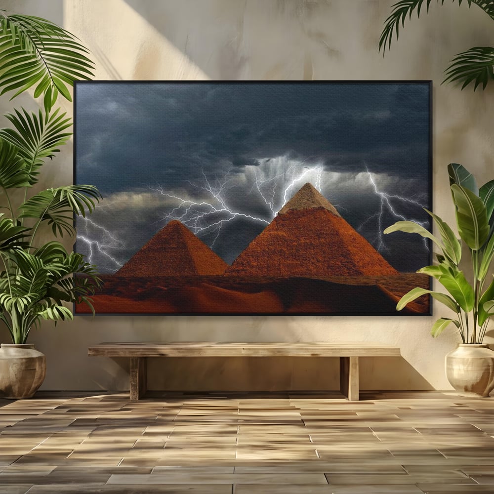 Tablou canvas cu ilustratie cu piramide si fulgere, in rama de aluminiu negru